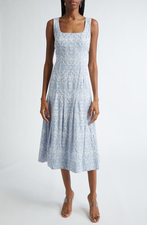 Veronica Beard Jolie Eyelet Sleeveless Cotton Dress In Blue/ecru