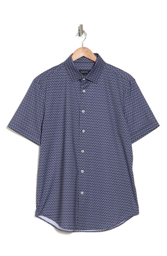 Shop Bugatchi Palm Print Short Sleeve Stretch Cotton Button-down Shirt In Navy