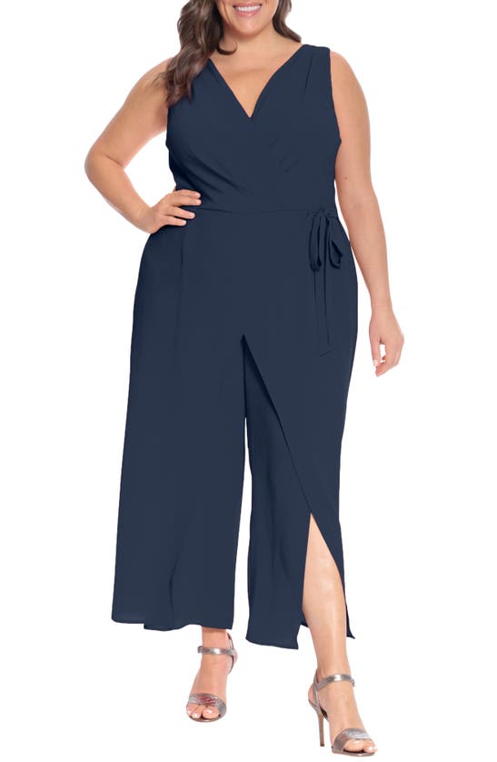 London Times Sleeveless Faux Wrap Jumpsuit In Navy