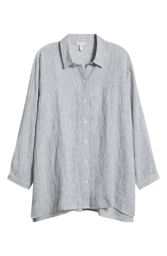 Shop Eileen Fisher Classic Stripe Organic Linen Button-up Shirt In White/ Black