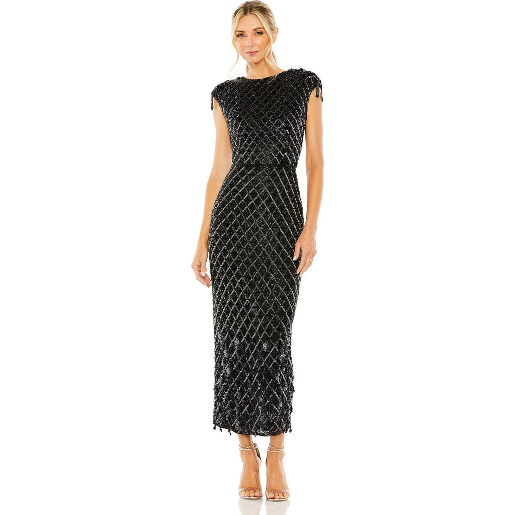 Mac Duggal Women's Crystal Fringe Cap-sleeve Dress In Black