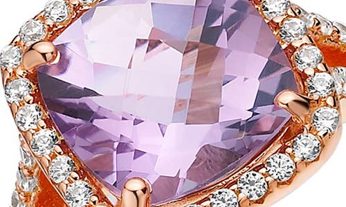 Lafonn Rose Gold Plated Sterling Silver Cushion Cut Amethyst Simulated Diamond Halo Split Shank Ring In White/amethyst