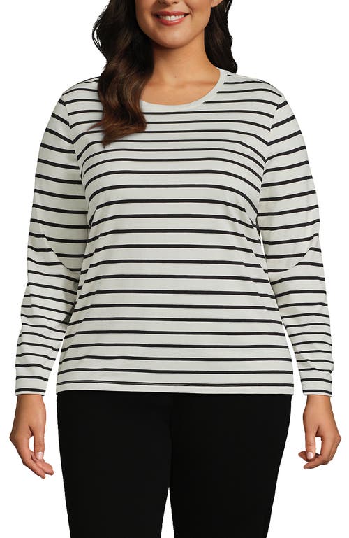 Shop Lands' End Plus Size Relaxed Supima Cotton Long Sleeve Crew Neck T-shirt In Ivory/black Breton Stripe