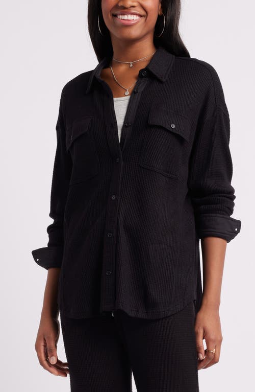 BP. Oversize Thermal Knit Button-Up Shirt in Black 