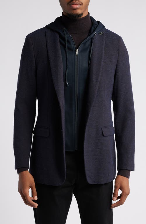 John Varvatos Textured Stretch Wool Blend Sport Coat with Removable Hooded Bib in Navy 