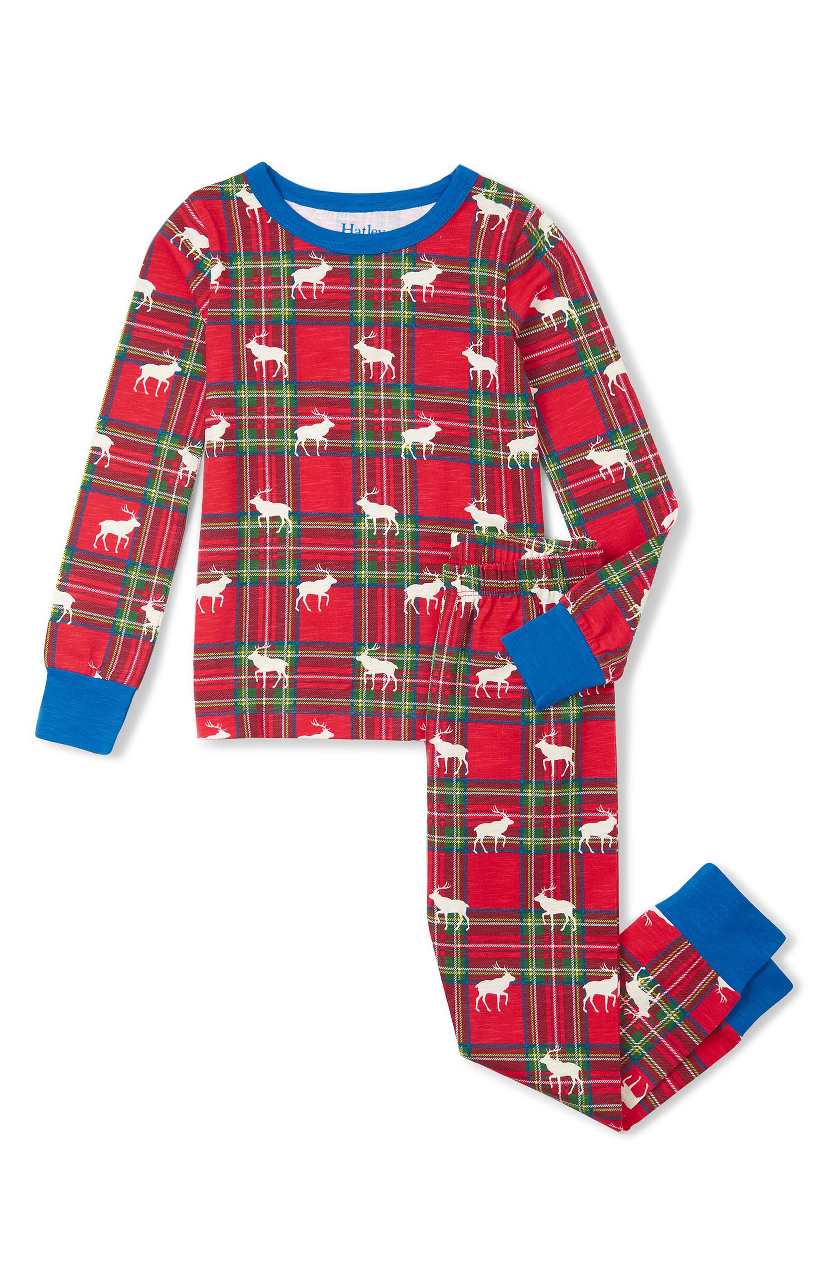Hatley Kids' Elk Plaid Print Fitted Two-Piece Pajamas in Red 