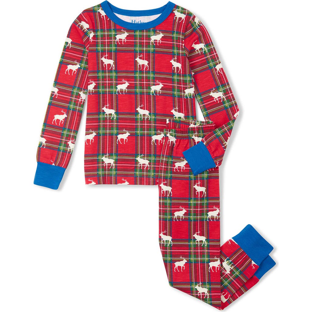 Hatley Kids' Elk Plaid Print Fitted Two-Piece Pajamas in Red