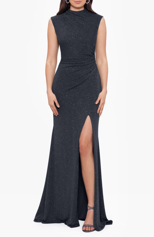 Shop Betsy & Adam Ruched Glitter Gown In Black/silver