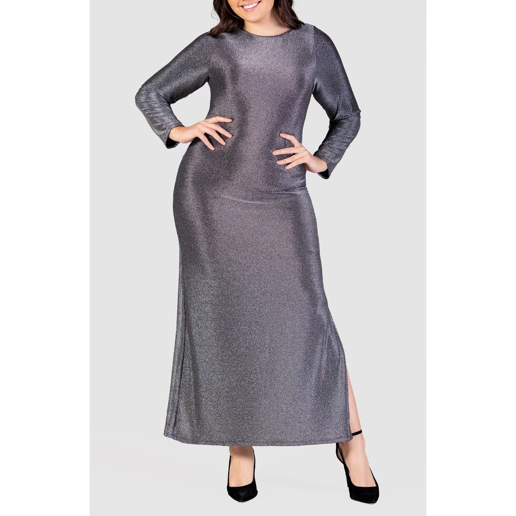 24seven Comfort Apparel Shimmery Long Sleeve Maxi Dress In Silver