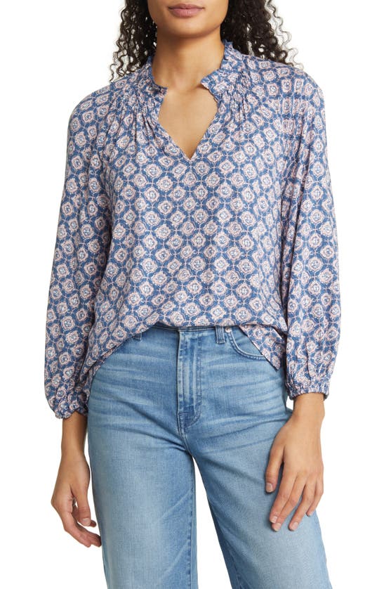 Caslon Floral Print Split Neck Shirt In Blue Ensign- Pink Luna Geo