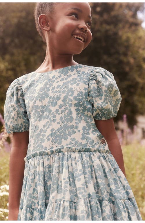 Laura Ashley Kids' Floral Tiered Puff Sleeve Cutout Cotton Dress In Ivory Blue