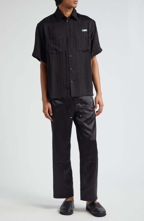 Stripe Short Sleeve Button-Up Utility Shirt in Black