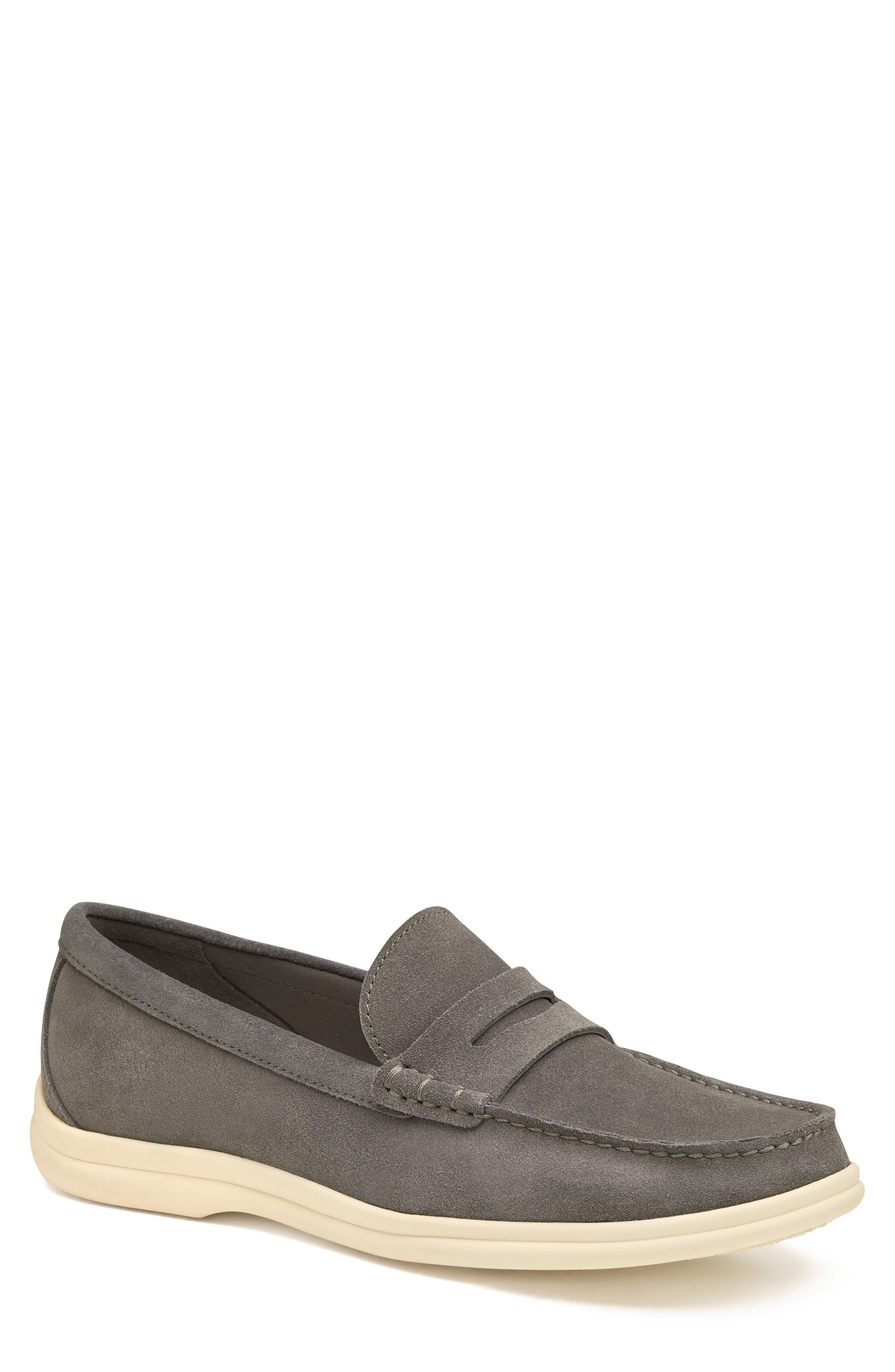 grey suede penny loafers