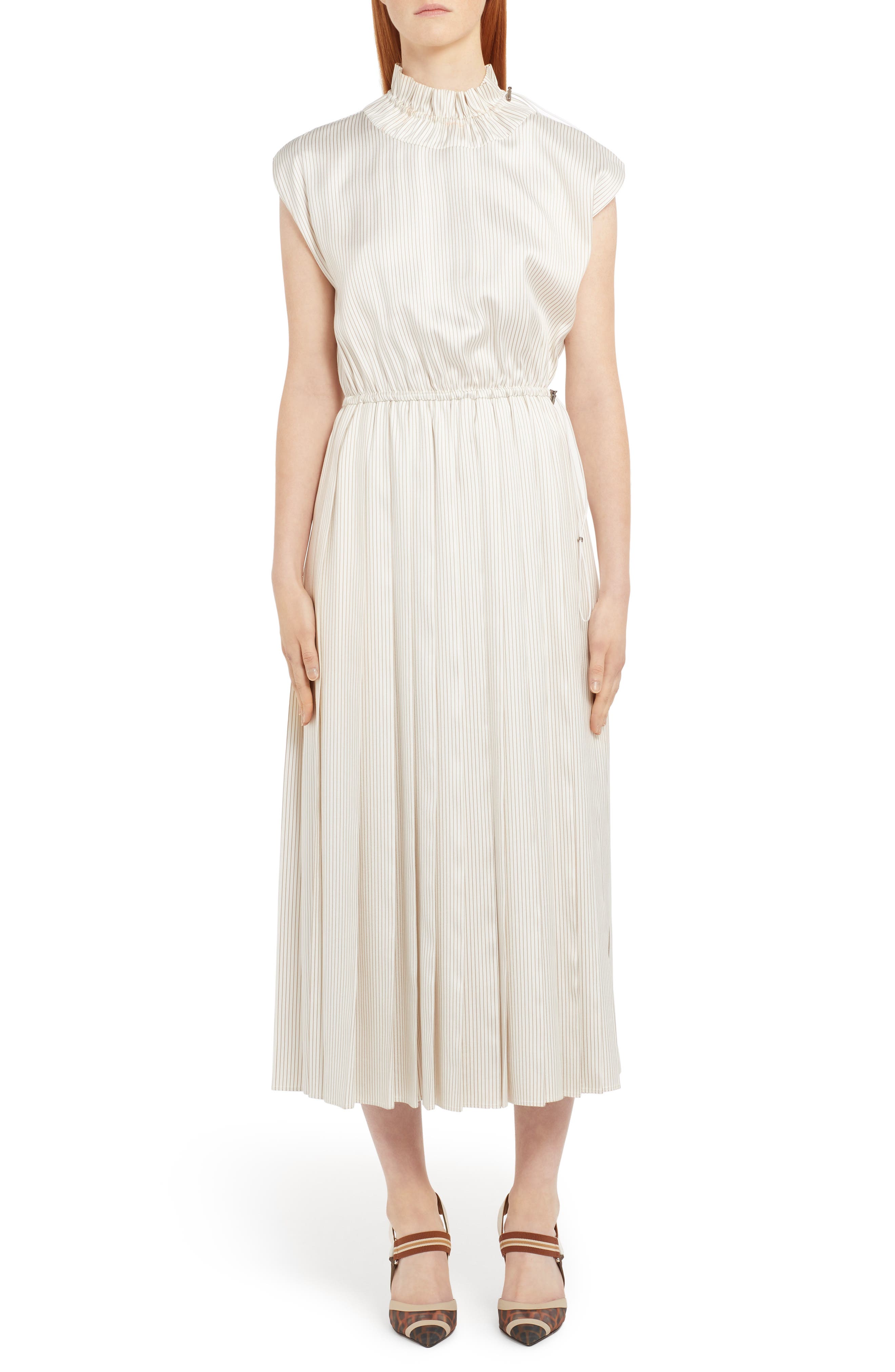 Fendi Pinstripe Drawcord Detail Silk Midi Dress, US / 46 IT - White