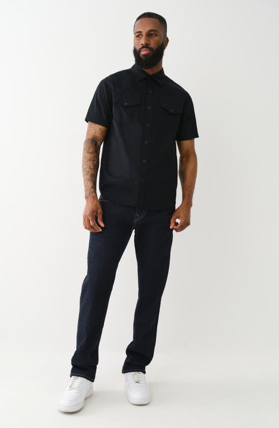 Shop True Religion Brand Jeans Short Sleeve Cotton Button-up Shirt In Jet Black