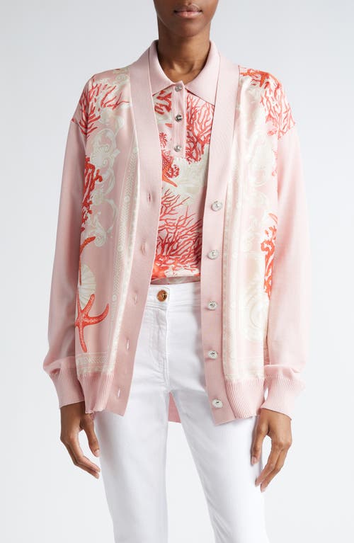 Versace La Vacanza Print Mixed Media Silk Twill & Virgin Wool Blend Cardigan In Dusty Rose Coral Bone
