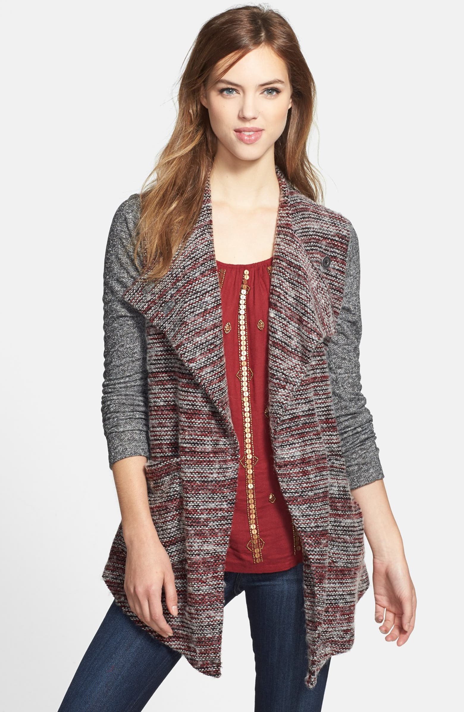 Lucky Brand Mixed Knit Drape Front Cardigan | Nordstrom