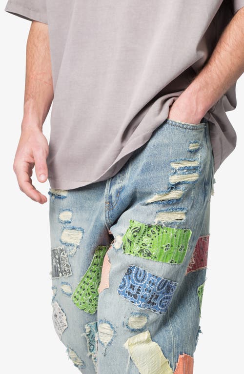 Mnml Ultrabaggy Ripped Bandana Patch Jeans In Blue/multi