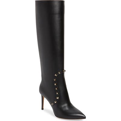 Valentino Garavani Rockstud Knee High Pointed Toe Boot - Black