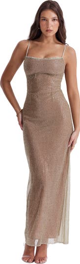 House of CB Alondra Cafe Au Lait Beaded Maxi Dress