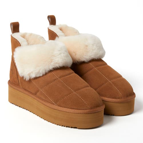 Dearfoams Fireside By Women's Bayswater Genuine Shearling Quilted Platform Bootie In Chestnut