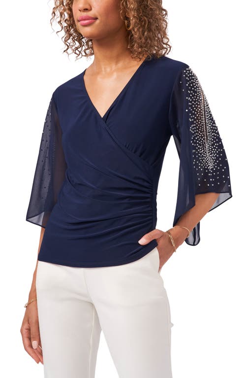 Embellished Split Sleeve Surplice Blouse in Navy 410