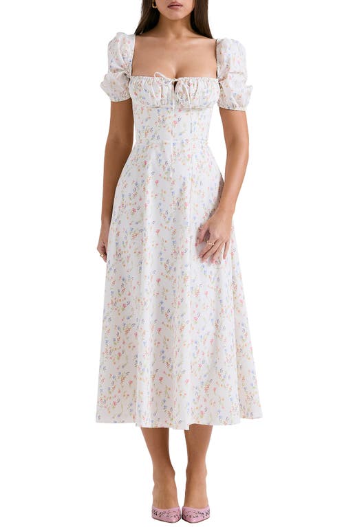 Tallulah Puff Sleeve Midi Dress in White/Pink Floral Print