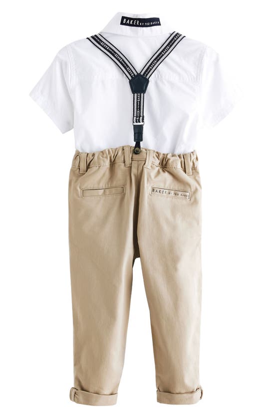 Baker By Ted Baker Kids' Short Sleeve Button-up Shirt, Trousers & Suspenders Set In Natural
