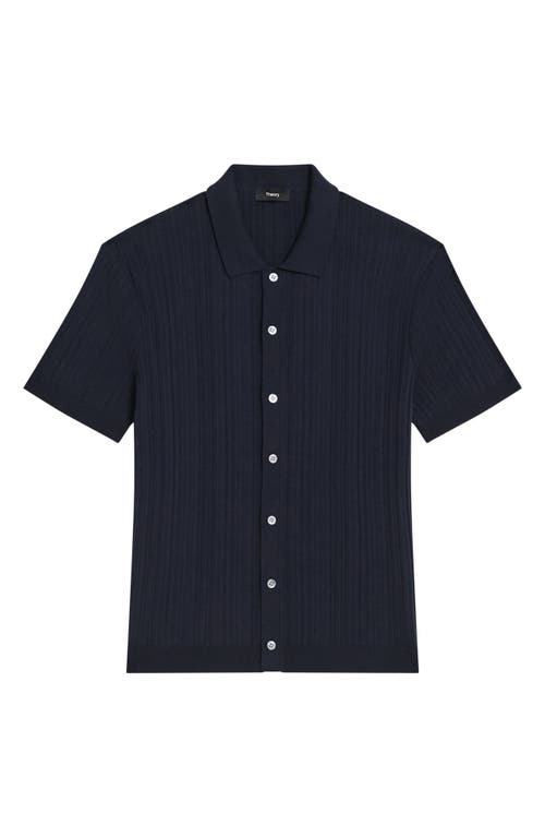 Shop Theory Cairn Rib Short Sleeve Button-up Knit Shirt In Baltic