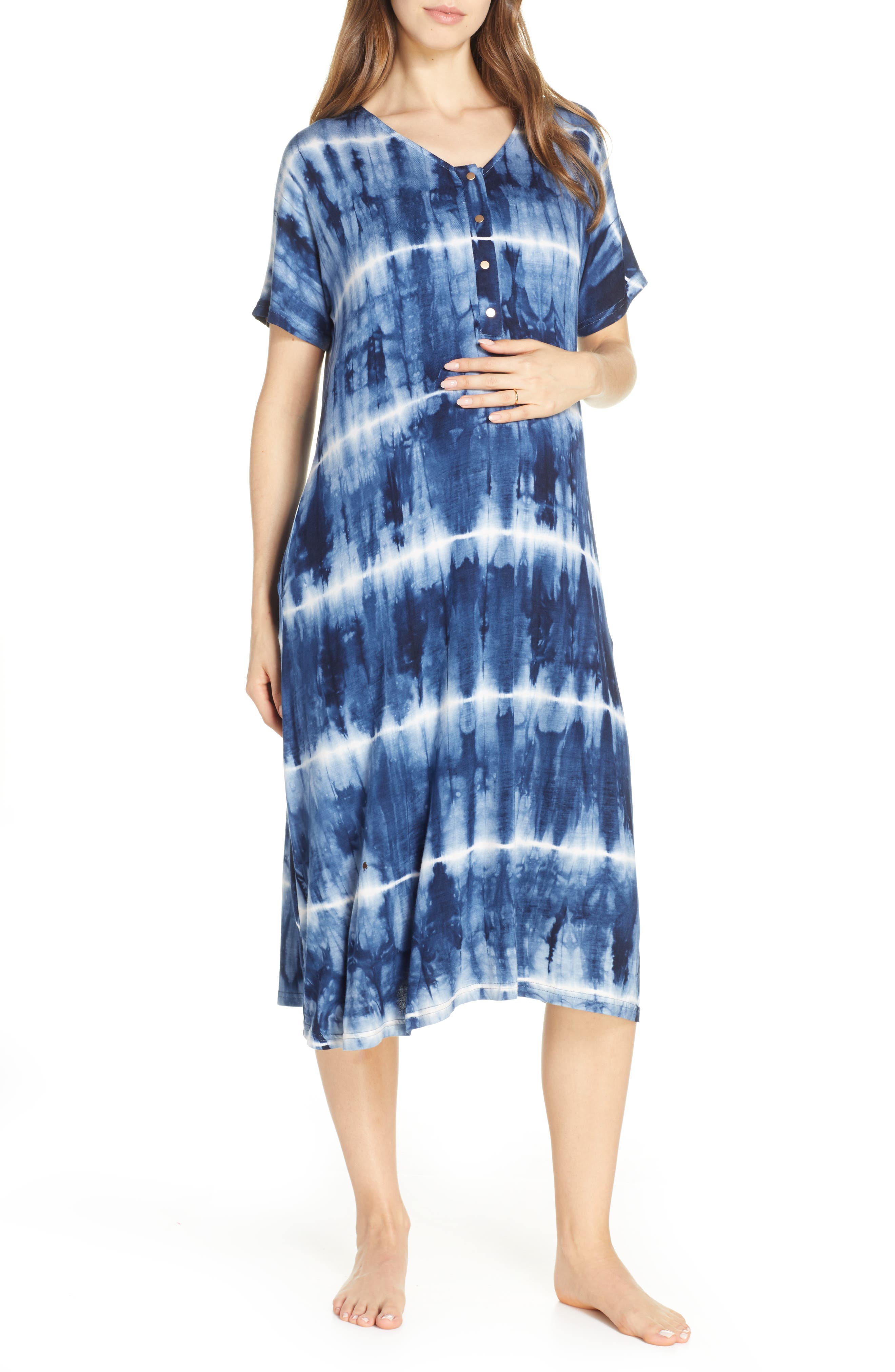 Nesting Olive Tie-Dye Maternity/nursing Sleep Shirt, Blue