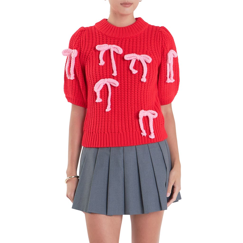English Factory Bow Embellished Puff Sleeve Sweater In Red