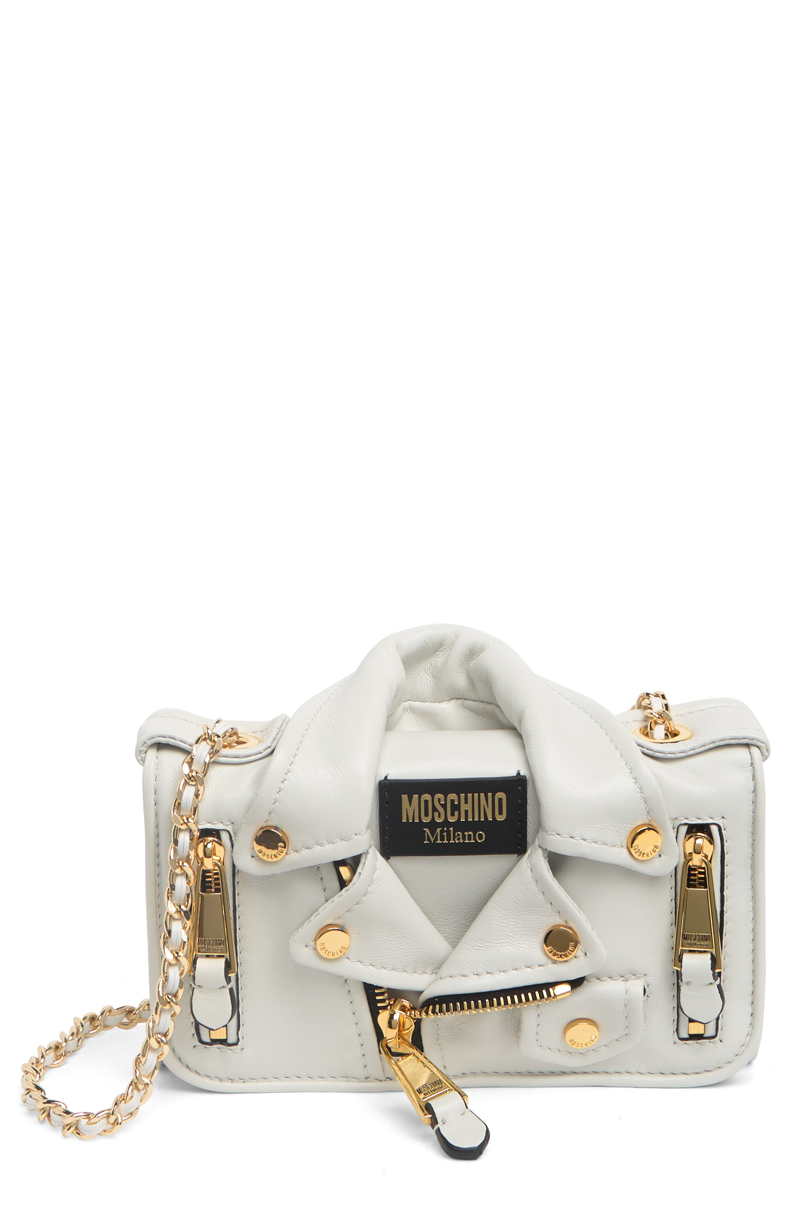 Moschino Leather Moto Shoulder Bag in White at Nordstrom Rack