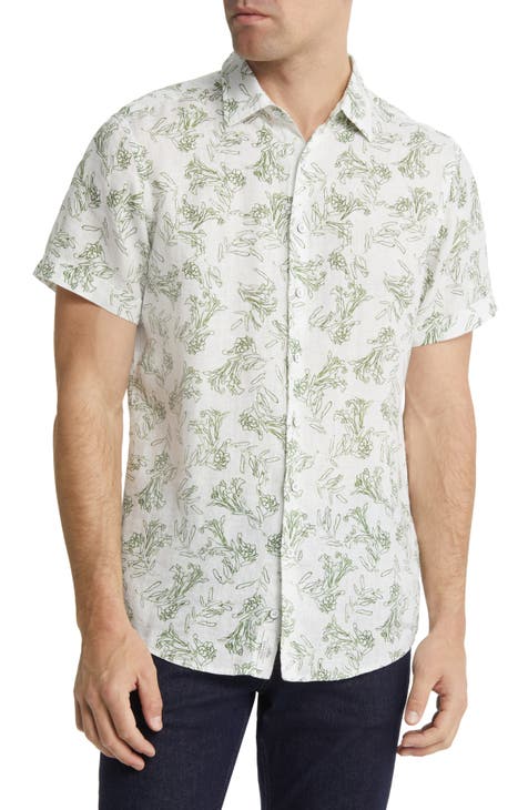 Tropical Print Square Neck Short Sleeve Shirt, Men's Slight Stretch Street Summer White Floral Pattern Casual Vacation Resort Hawaiian Shirt,Temu