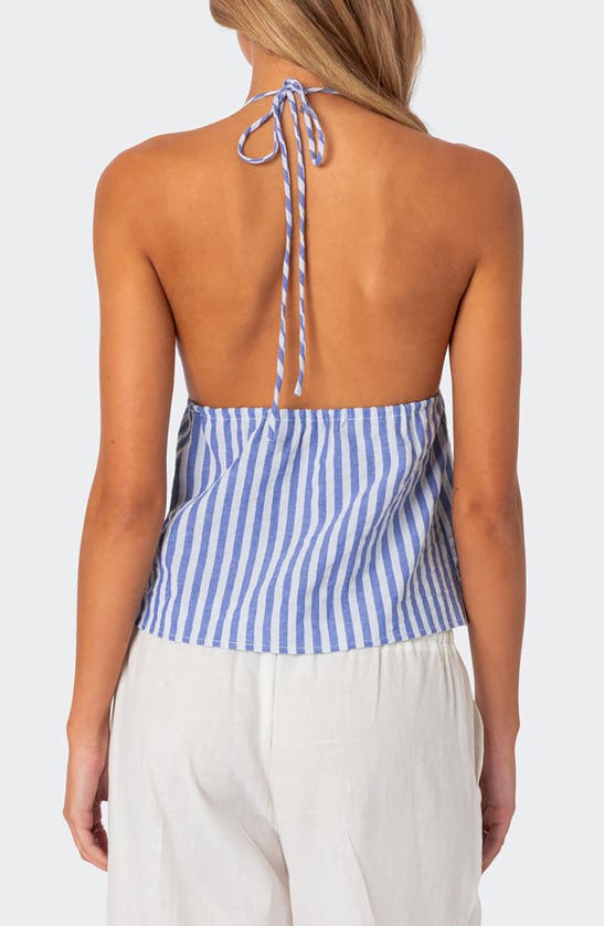 Shop Edikted Madelyn Stripe Tie Front Cotton Halter Top In Blue-and-white