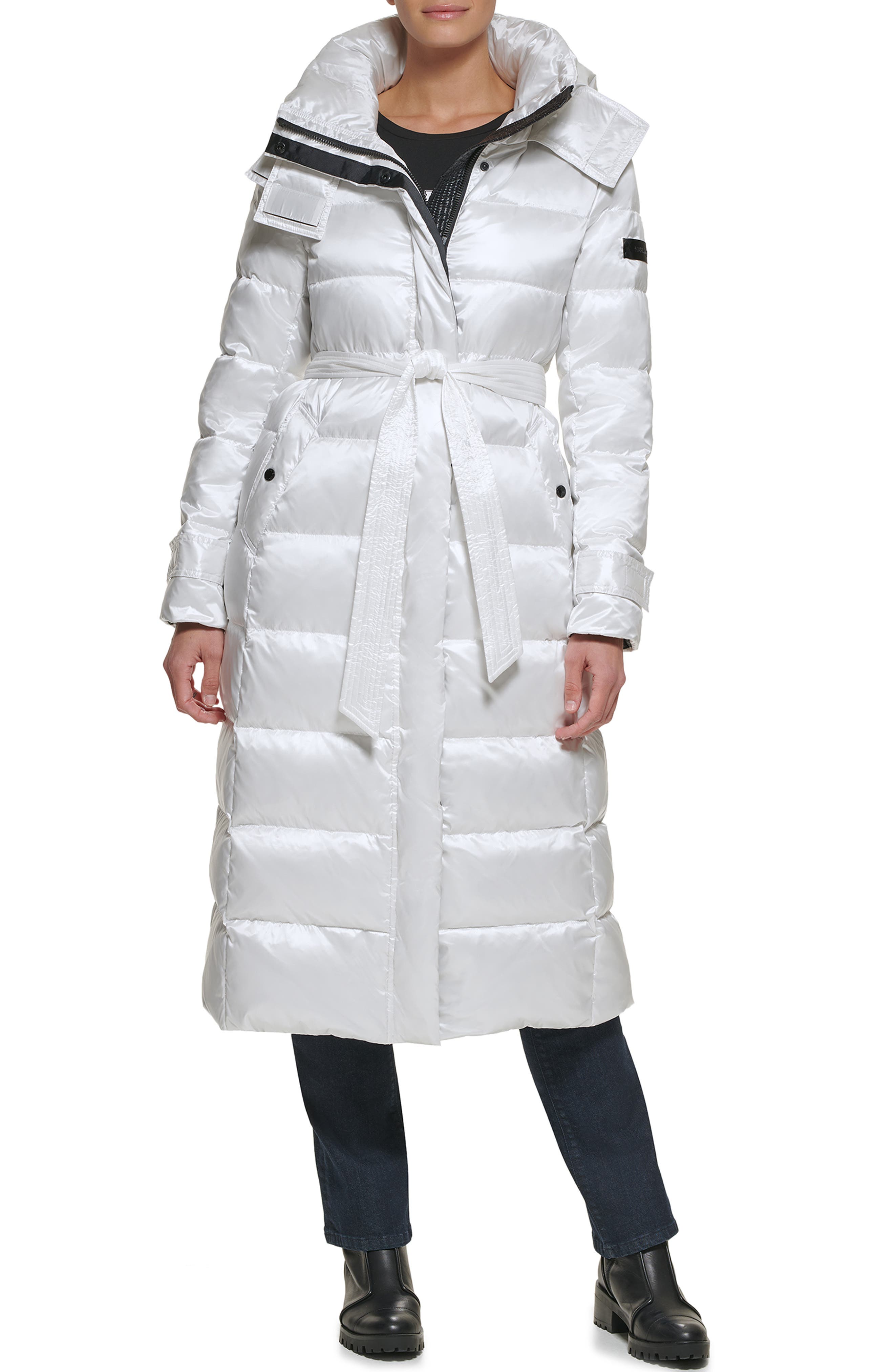 KARL LAGERFELD PARIS Contrast Belted Longline Puffer Jacket in White 