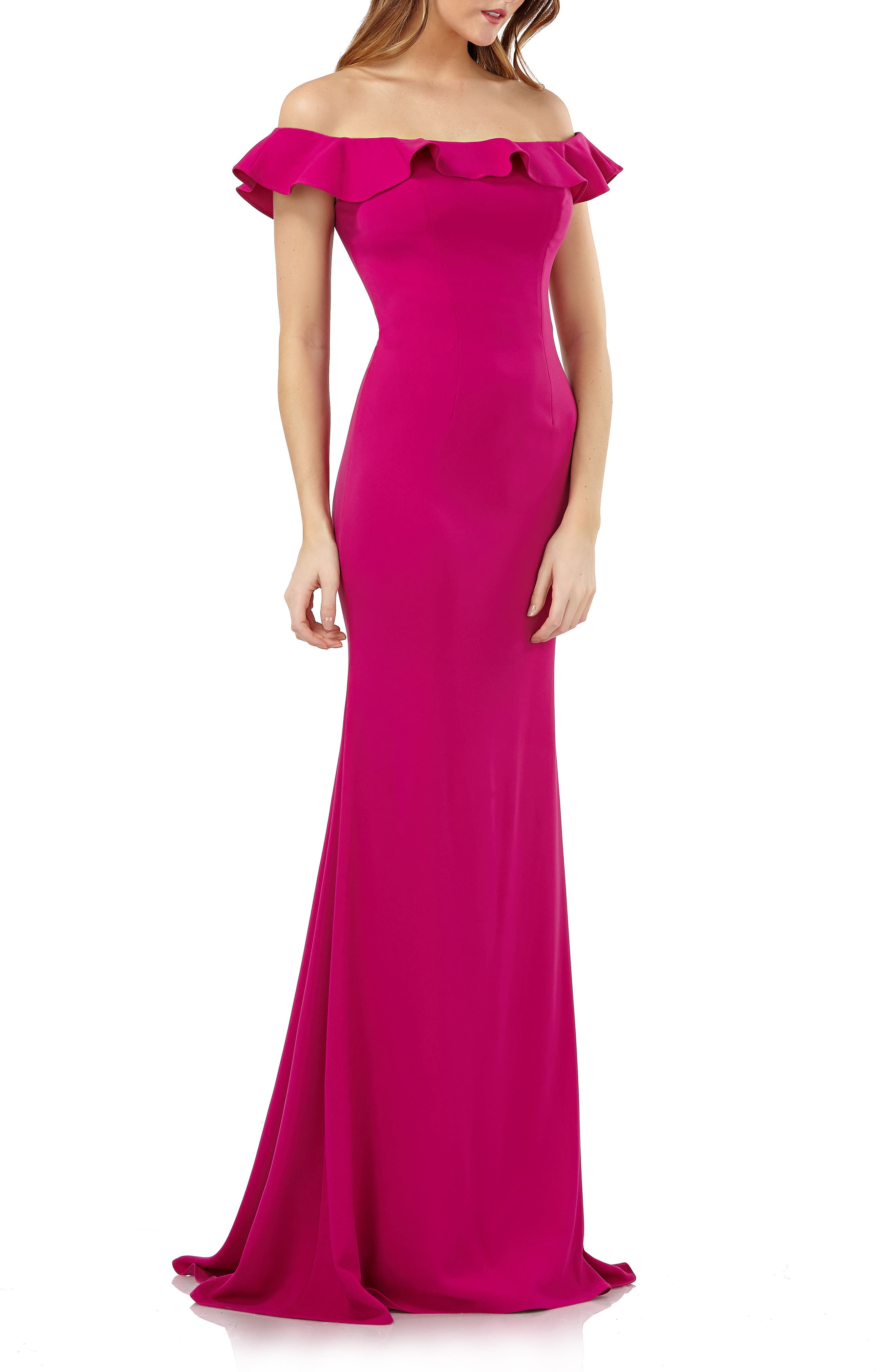 Carmen Marc Valvo Infusion Off The Shoulder Ruffle Neck Gown, Pink