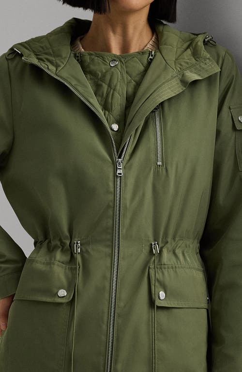 Shop Lauren Ralph Lauren Raincoat With Hood & Removable Quilted Bib In Olive Fern