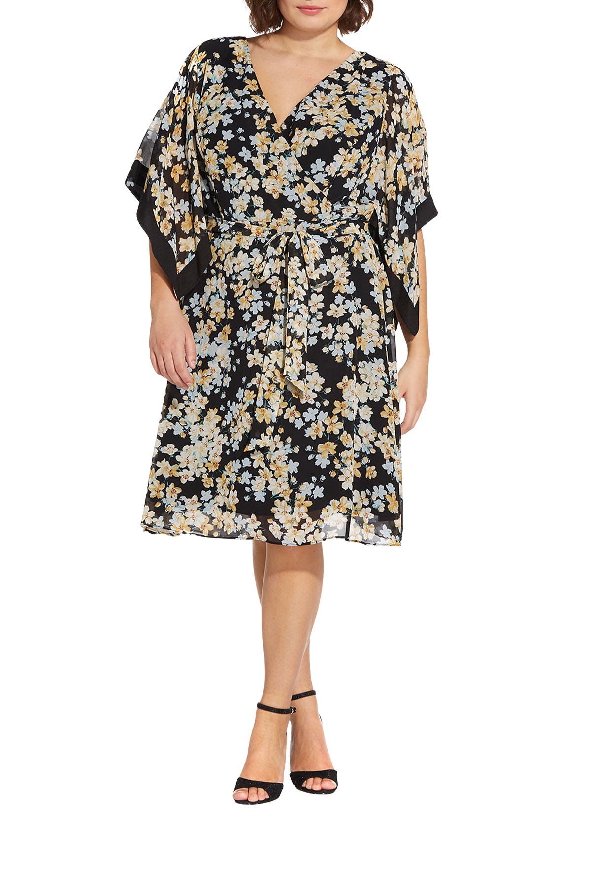Adrianna Papell Floral Print Kimono Sleeve Dress In Blk Multi