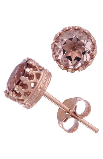Fzn 14k Rose Gold Plate Sterling Silver Crown Frame Stone Stud Earrings In Morganite