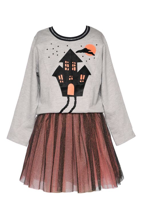 Truly Me Kids' Haunted House Long Sleeve Dress in Grey Multi 