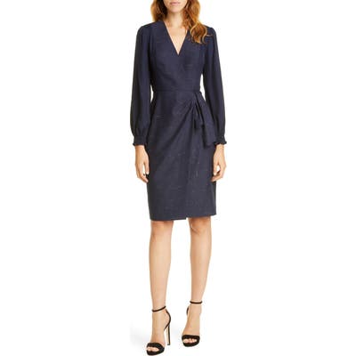 Tailored By Rebecca Taylor Crosshatch Pattern Long Sleeve Faux Wrap Dress, Blue