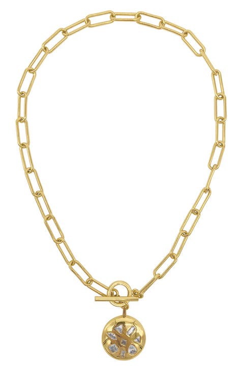 Mixed CZ Pendant Paper Clip Chain Toggle Necklace