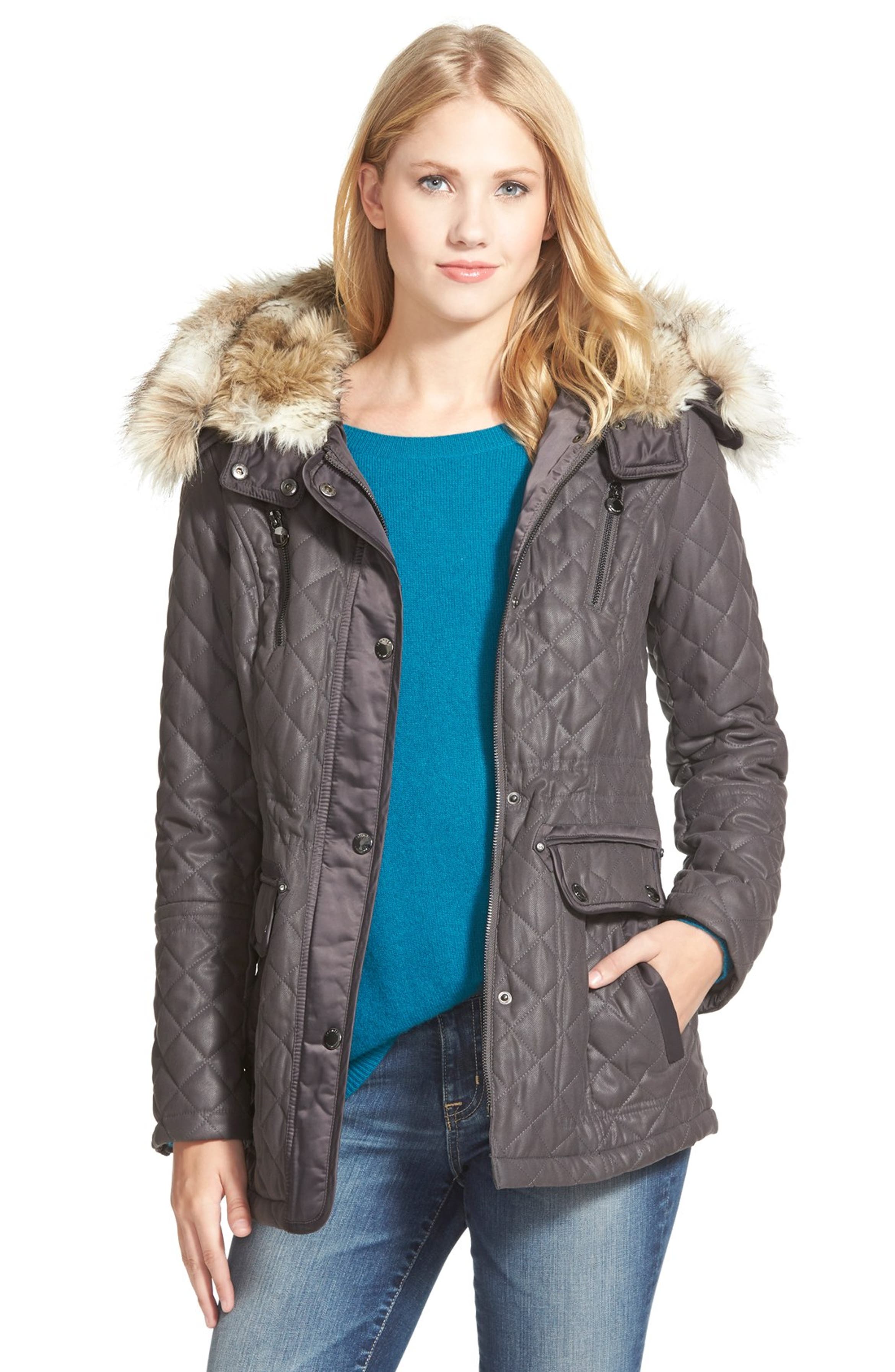Laundry by Shelli Segal Waxy Twill Quilted Jacket with Faux Fur | Nordstrom