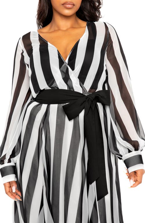 Buxom Couture Stripe Semisheer Tie Belt Foux Wrap Maxi Dress In Black White