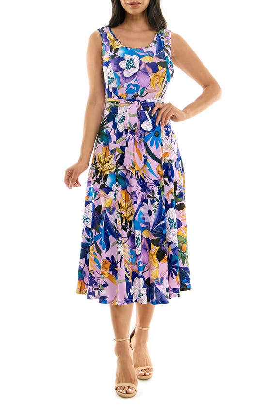 Shop Nina Leonard Crewneck Sleeveless Midi Dress In Purple Multi