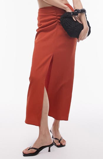 Topshop Ruched Midi Skirt In Rust