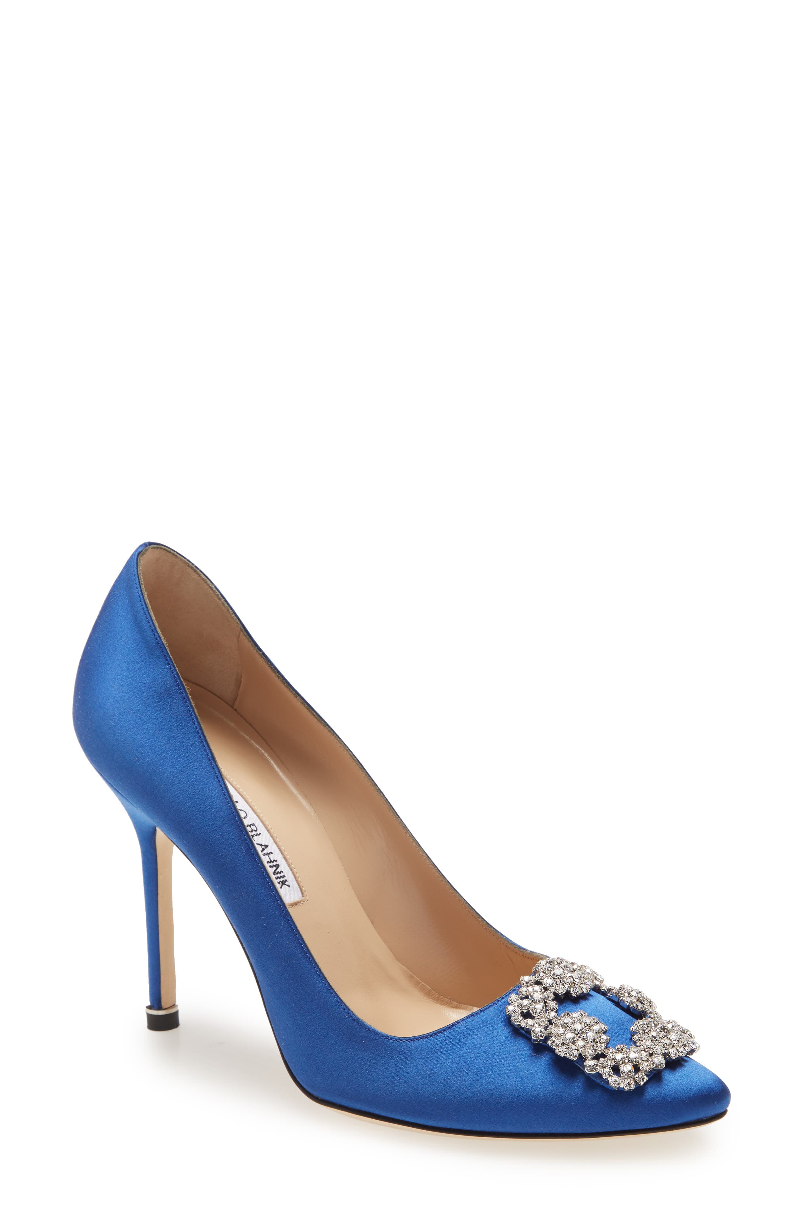 Manolo Blahnik Hangisi Pointed Toe Pump in Blue Satin/Clear at Nordstrom, Size 5.5Us