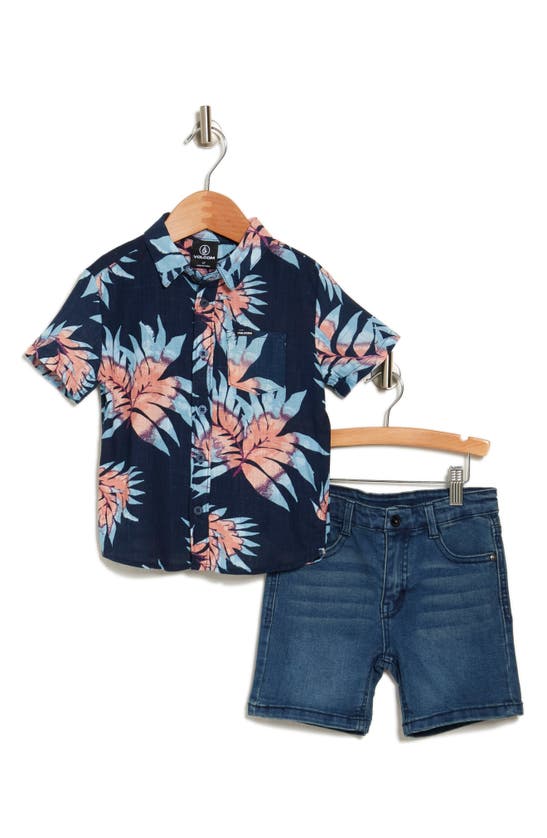 Volcom Kids' Tropic Woven Shirt & Denim Shorts Set In Navy