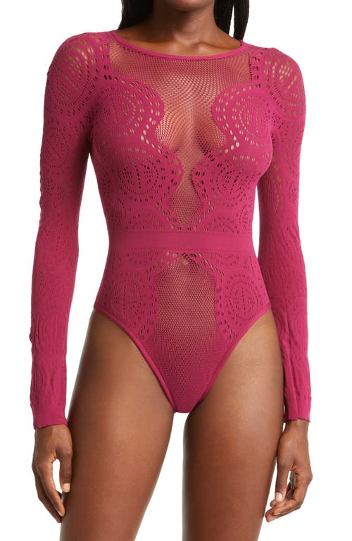 Ann Summers Ornate Long Sleeve Mesh & Stretch Lace Teddy in Burgundy