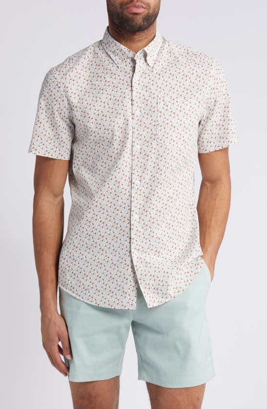 Shop Nordstrom Trim Fit Floral Short Sleeve Stretch Cotton & Linen Button-down Shirt In White Tiny Tulips